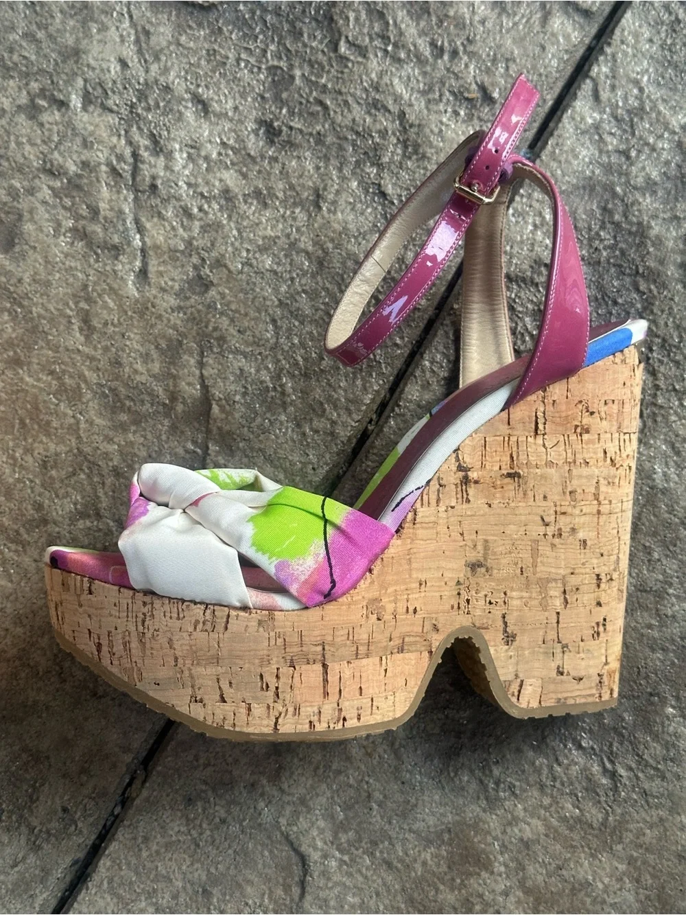 Jimmy Choo Pink Floral Cork Wedge Sandals with Ankle Strap
